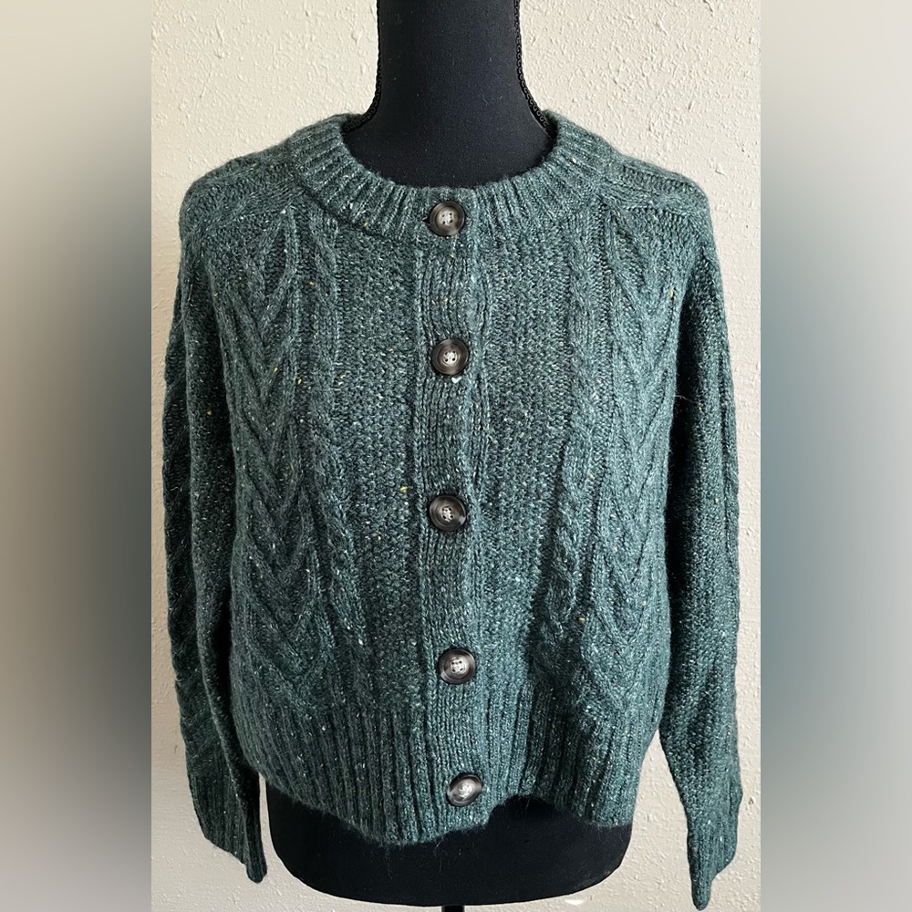 Dark Green Cable Knit Button-Up Sweater Cardigan